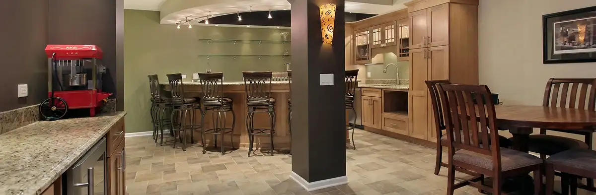 modern basement remodeling with custom finishes and open layout in a home in Aurora, CO