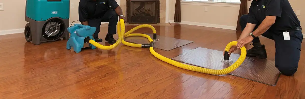 emergency water removal technicians extracting standing water from a home using professional equipment in Aurora, CO