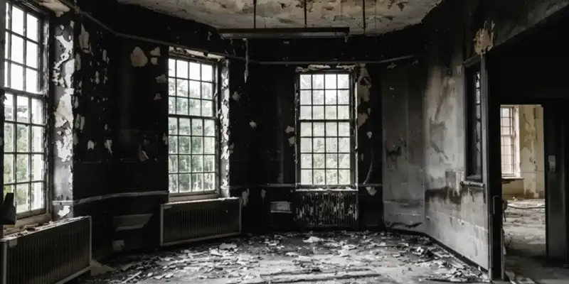 fire damage repair addressing severe interior damage and smoke residue inside a burned home in Aurora, CO