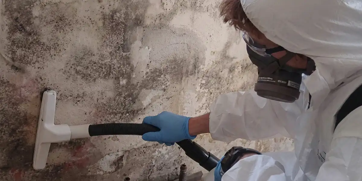 professional mold removal technician wearing protective equipment removing mold from a wall in Aurora, CO